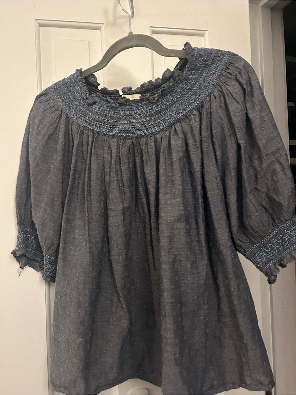 LOFT Charcoal Blue Smocked Yoke Peasant Blouse